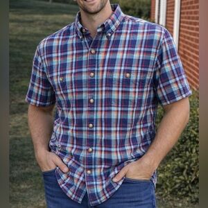 -Duluth Trading Blue/Red/Navy/Orange Plaid Untucked SlimFit S/S Shirt Mens 2XL